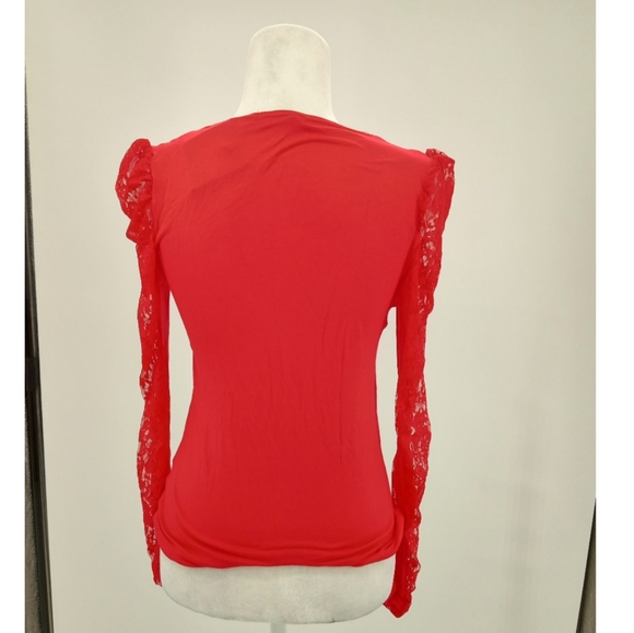 Red Lace Long Sleeve Round Neck Top - Picture 8 of 9